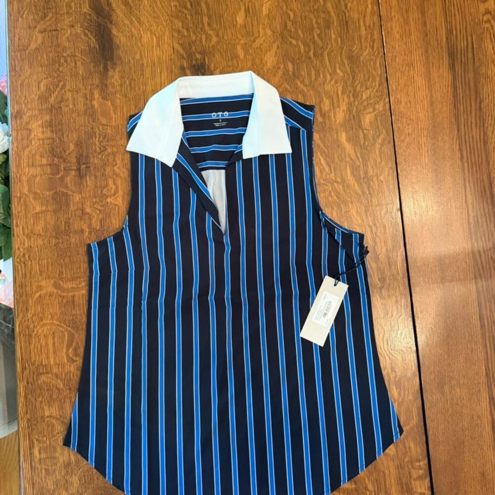 NWT Tail Activewear OTG Sleeveless Collared Golf Top Blue Stripe Size Small UPF